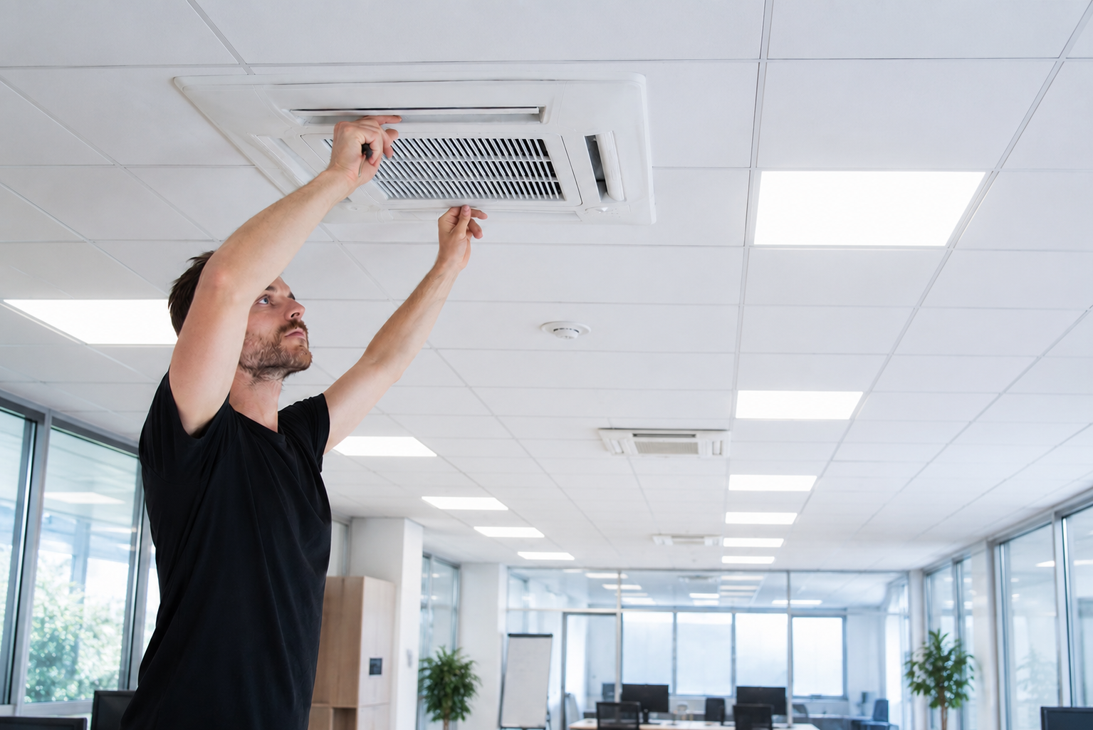 Technicien installant une unité de climatisation en plafond dans un bureau