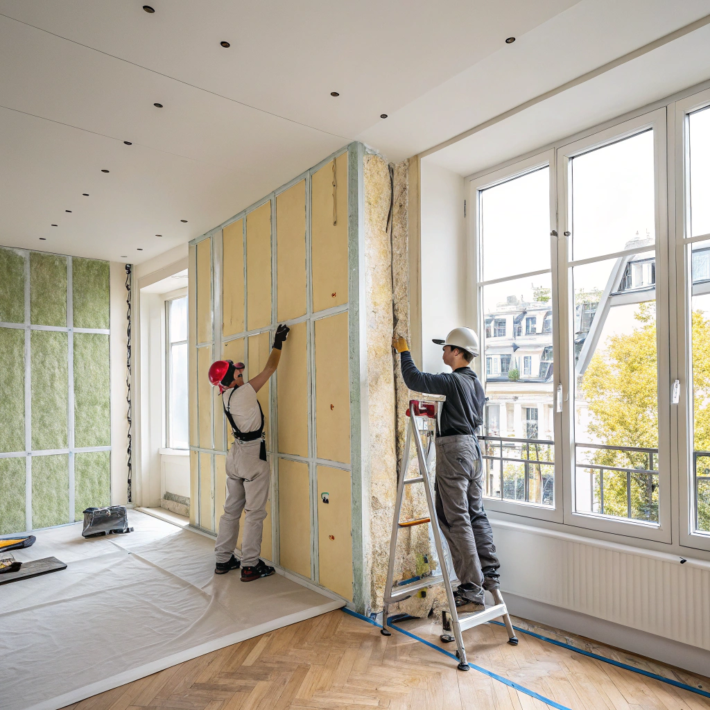 Technicien posant un isolant thermique sur un mur intérieur d'un batiment professionnel